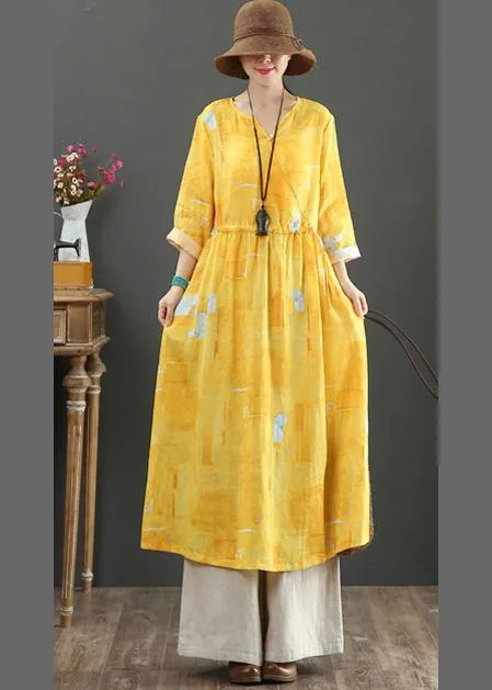 100% Yellow Print Dresses V Neck Tie Waist Robes Spring Dress