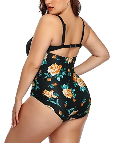 Adjustable Strap Plus Size Cutout Monokini Swimsuits-Black Floral