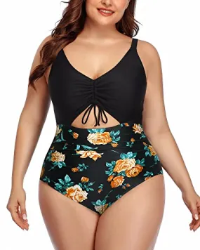 Adjustable Strap Plus Size Cutout Monokini Swimsuits-Black Floral
