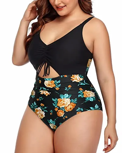 Adjustable Strap Plus Size Cutout Monokini Swimsuits-Black Floral