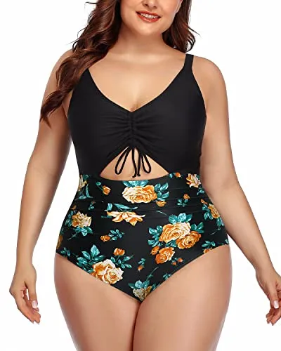 Adjustable Strap Plus Size Cutout Monokini Swimsuits-Black Floral
