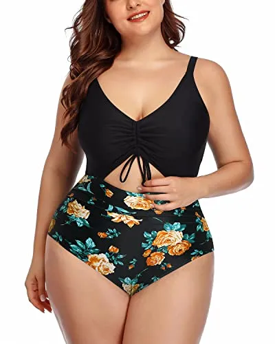 Adjustable Strap Plus Size Cutout Monokini Swimsuits-Black Floral