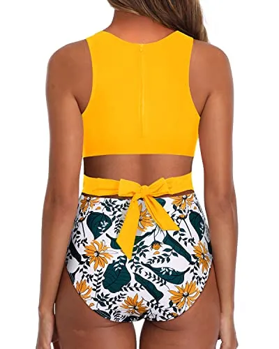 Adjustable Straps One Piece Tummy Control Cutout Swimsuits For Teen Girls-Yellow Floral