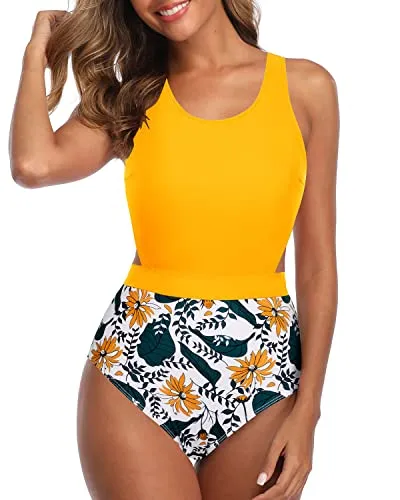 Adjustable Straps One Piece Tummy Control Cutout Swimsuits For Teen Girls-Yellow Floral