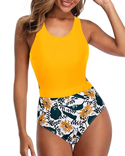 Adjustable Straps One Piece Tummy Control Cutout Swimsuits For Teen Girls-Yellow Floral