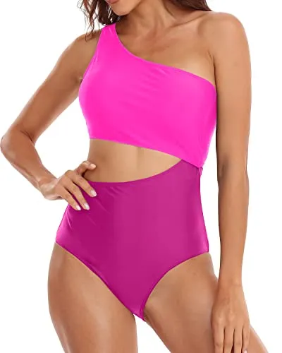 Asymmetric One Shoulder Neckline Cutout One Piece Swimsuits-Phosphor And Dark Pink