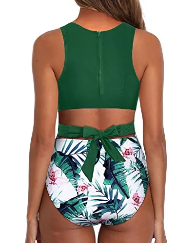 Attractive Silhouette Revealing Women One Piece Swimsuits-Green Tropical Floral