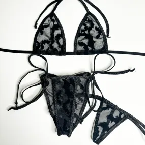 Black Bats Mesh Completely See Through - Black - Scrunch Butt Three Piece (Thong Included)
