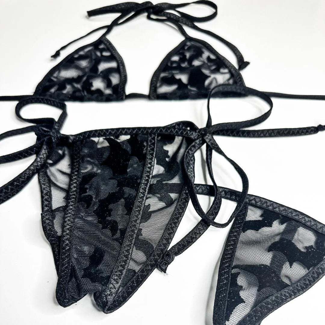 Black Bats Mesh Completely See Through - Black - Scrunch Butt Three Piece (Thong Included)