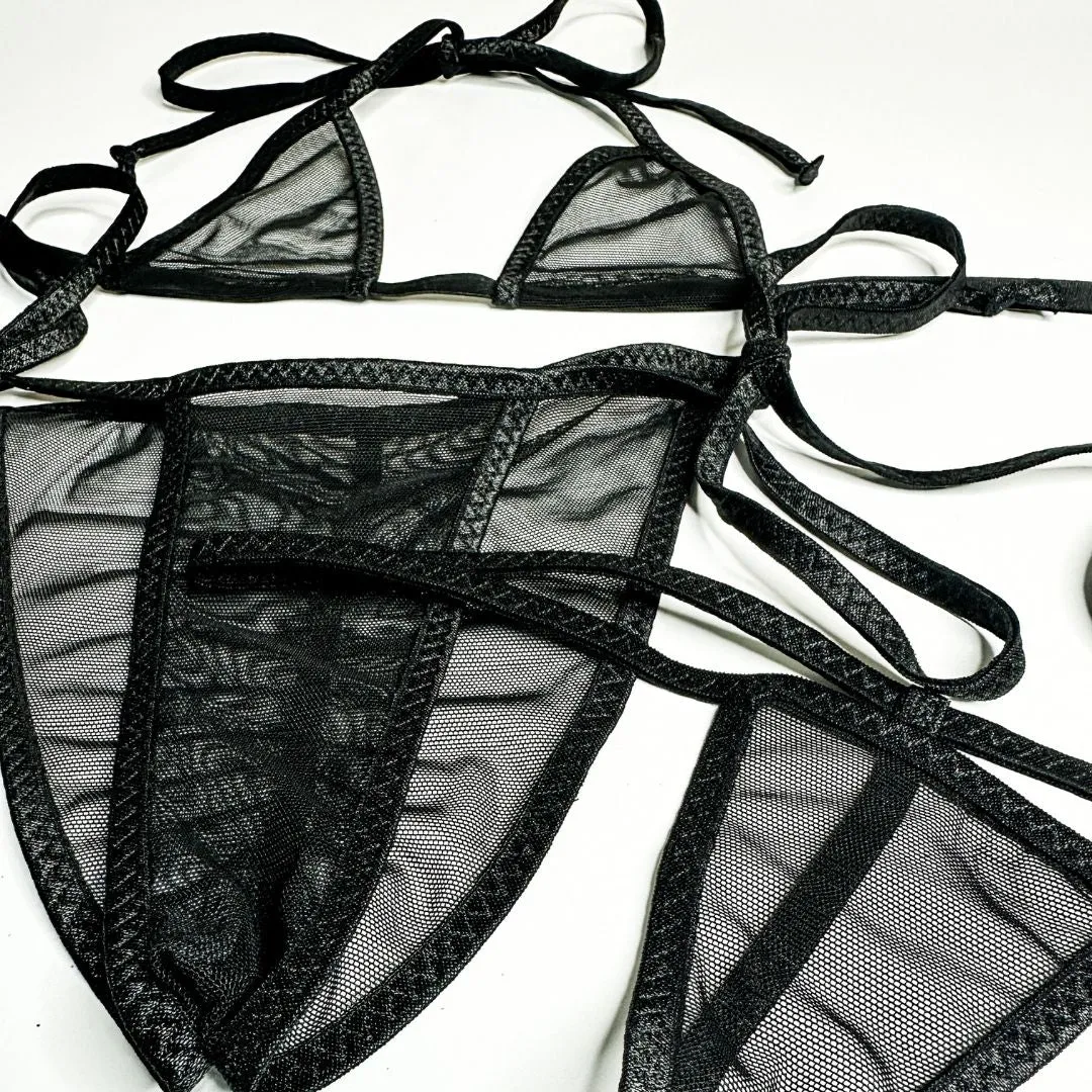 Black Mesh Completely See Through - Black - Scrunch Butt Three Piece (Thong Included)