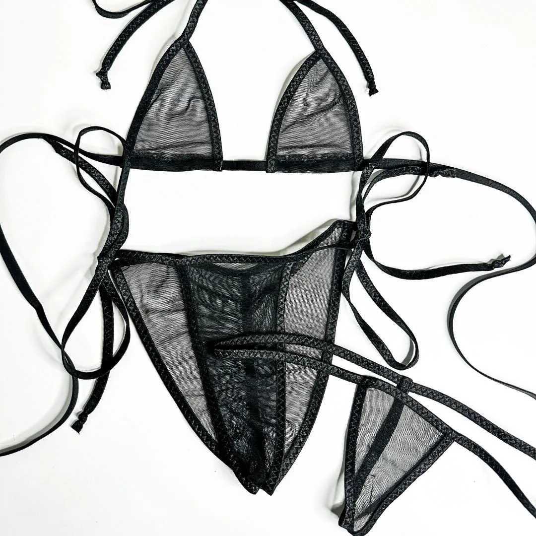 Black Mesh Completely See Through - Black - Scrunch Butt Three Piece (Thong Included)