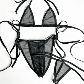 Black Mesh Completely See Through - Black - Scrunch Butt Three Piece (Thong Included)