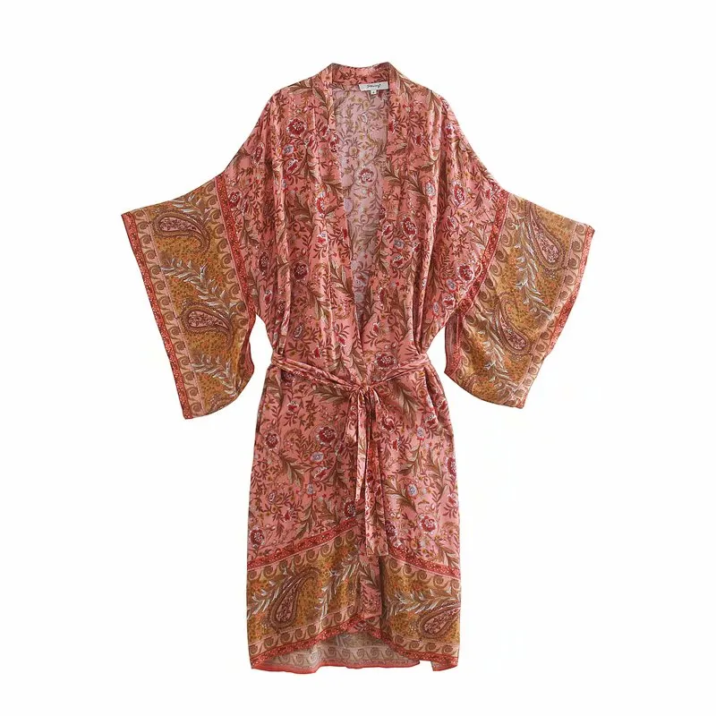 Boho Robe, Kimono Robe,  Beach Cover up, Feather Paisley in Pink