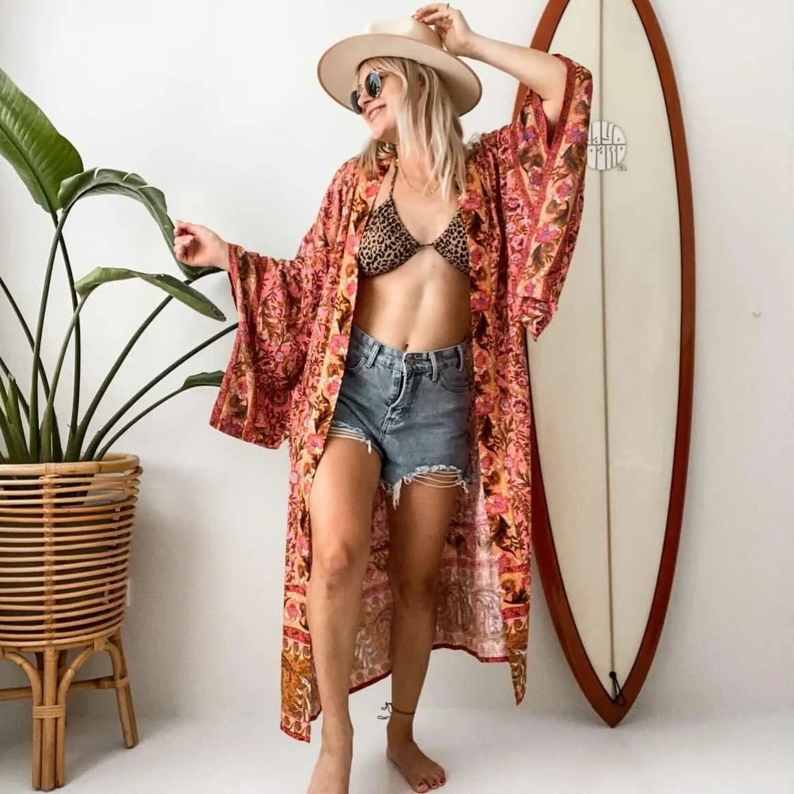 Boho Robe, Kimono Robe,  Beach Cover up, Feather Paisley in Pink