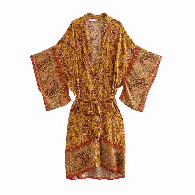 Boho Robe, Kimono Robe,  Beach Cover up, Feather Paisley in Pink