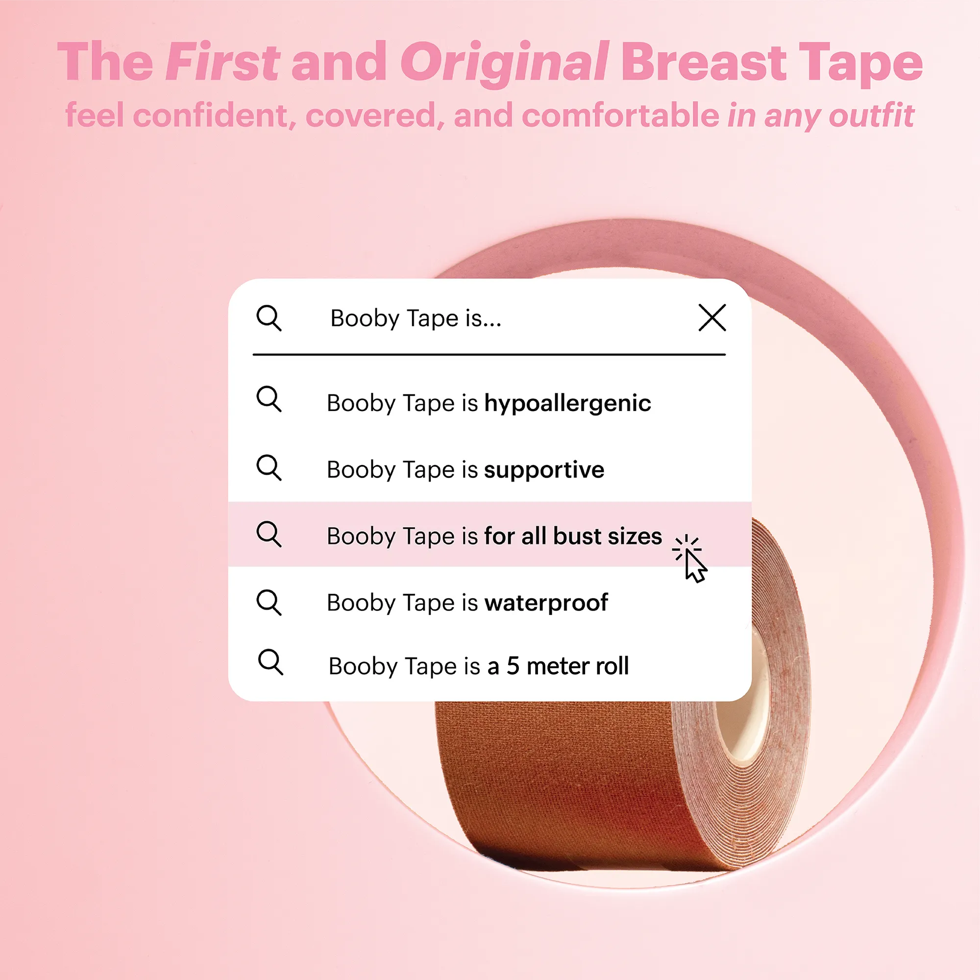 Booby Tape Original Boob Tape for Instant Breast Lift and Bra, Small and Large Busts, Latex-Free, Hypoallergenic Adhesive Tape, Holds up to 6 hours, Multiple Ways to Wear, 5 Meters, Multiple Colors, 1 Count