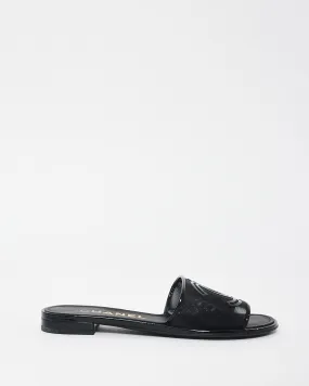 Chanel Black Mesh & Patent Leather Logo Slides - 36C