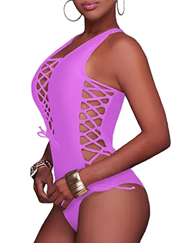 Chic Cross Back Thong Monokini Swimsuit-Light Purple