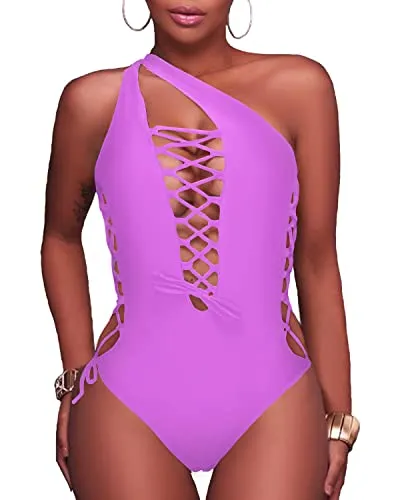 Chic Cross Back Thong Monokini Swimsuit-Light Purple