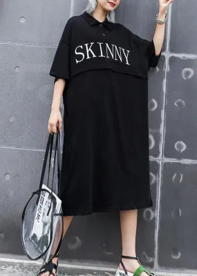 Classy black cotton outfit lapel back side open cotton robes summer Dress