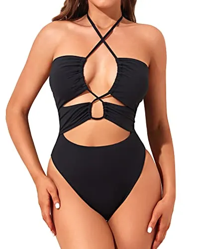 Criss Cross One Piece Swimsuit For Women Plunge Cut Out Bathing Suits-Black