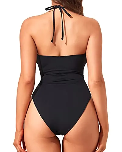 Criss Cross One Piece Swimsuit For Women Plunge Cut Out Bathing Suits-Black