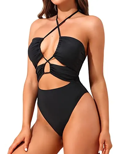 Criss Cross One Piece Swimsuit For Women Plunge Cut Out Bathing Suits-Black