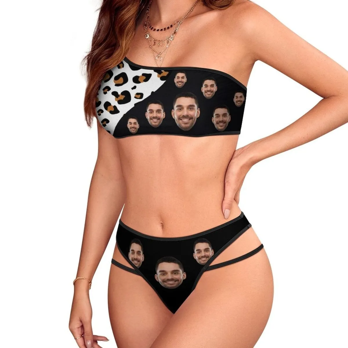 Custom Face Leopard Print And Black Design One Shoulder High Waited Bikini Swimsuit Personalized Women's Two Piece Bathing Suit Beach Outfits