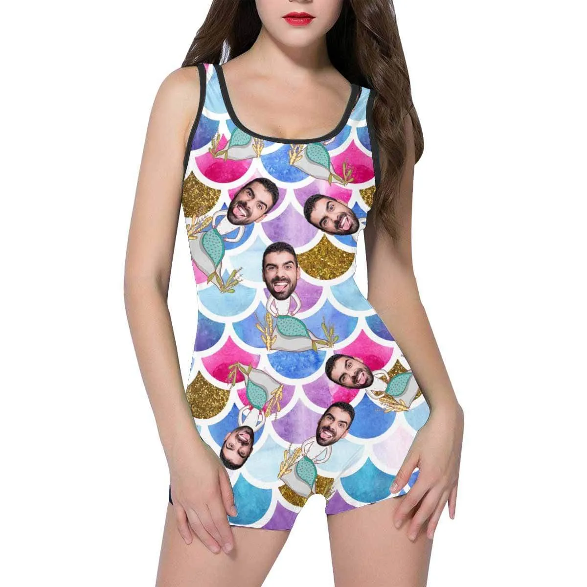 Custom Face Mermaid Fish Scale Women's One Piece Boyleg Swimsuit