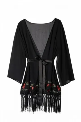 Embroidered Tassel Kimono - Black -