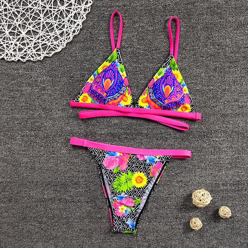 Fashion Print Low Rise Thong Bottom Bikinis