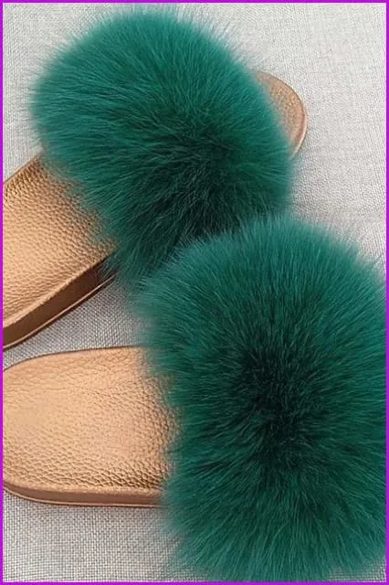 Golden PVC Sole Fox Fur Slides F007