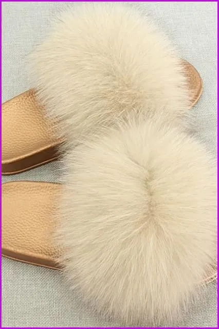 Golden PVC Sole Fox Fur Slides F007