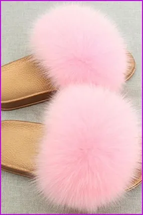 Golden PVC Sole Fox Fur Slides F007