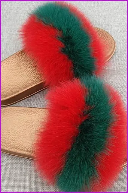 Golden PVC Sole Fox Fur Slides F007