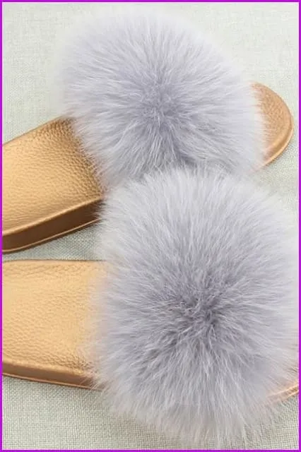 Golden PVC Sole Fox Fur Slides F007