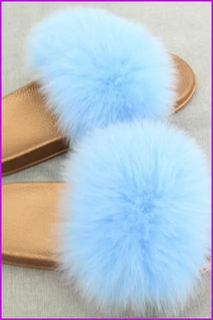 Golden PVC Sole Fox Fur Slides F007
