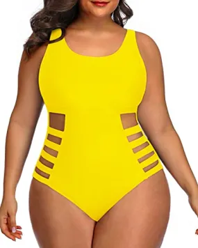 High Waisted Tummy Control Swimsuits Plus Size One Piece Bathing Suits For Women-Neon Yellow