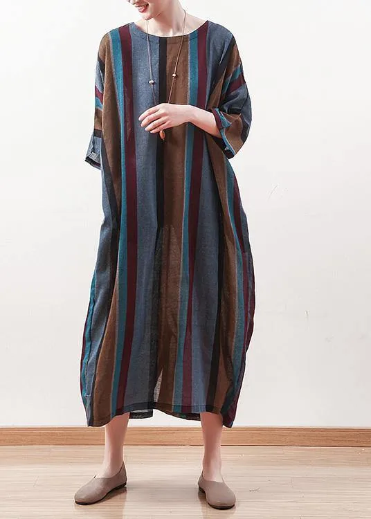 Italian blue striped linen cotton Robes o neck Batwing Sleeve Art spring Dresses
