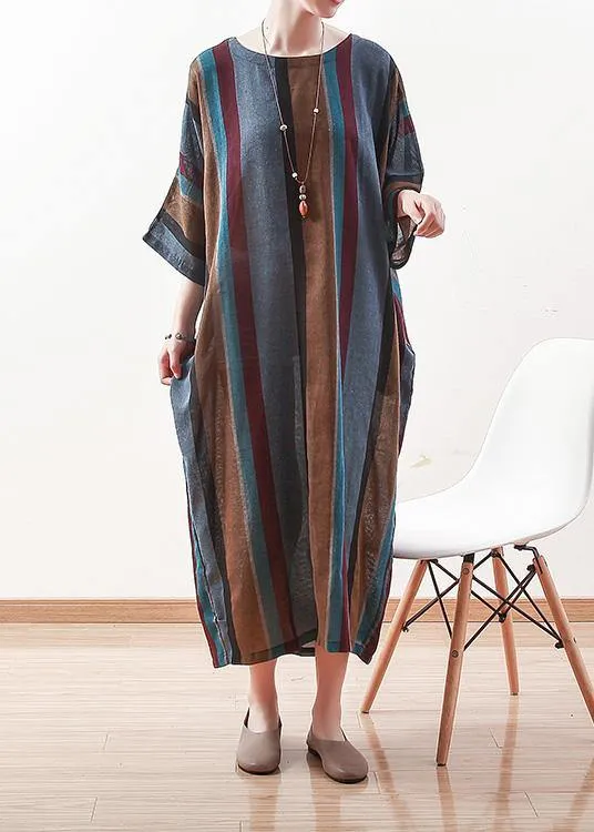 Italian blue striped linen cotton Robes o neck Batwing Sleeve Art spring Dresses