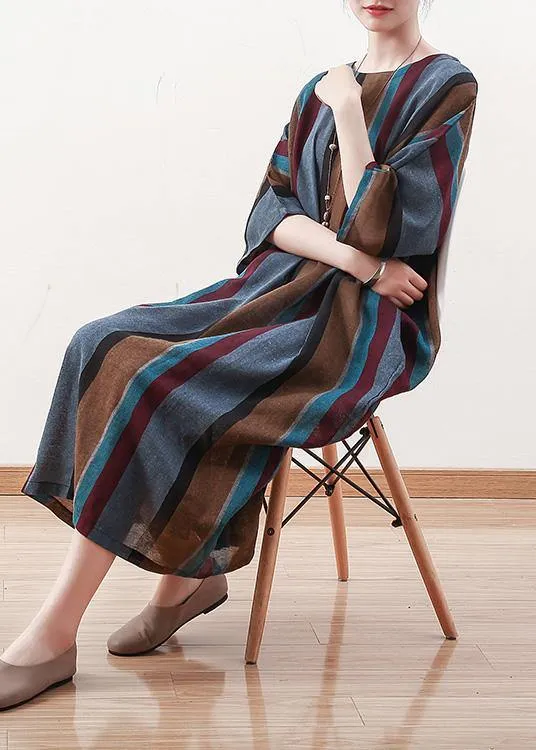 Italian blue striped linen cotton Robes o neck Batwing Sleeve Art spring Dresses