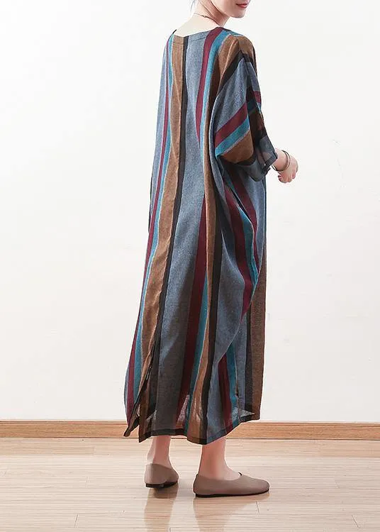 Italian blue striped linen cotton Robes o neck Batwing Sleeve Art spring Dresses