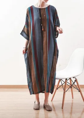 Italian blue striped linen cotton Robes o neck Batwing Sleeve Art spring Dresses