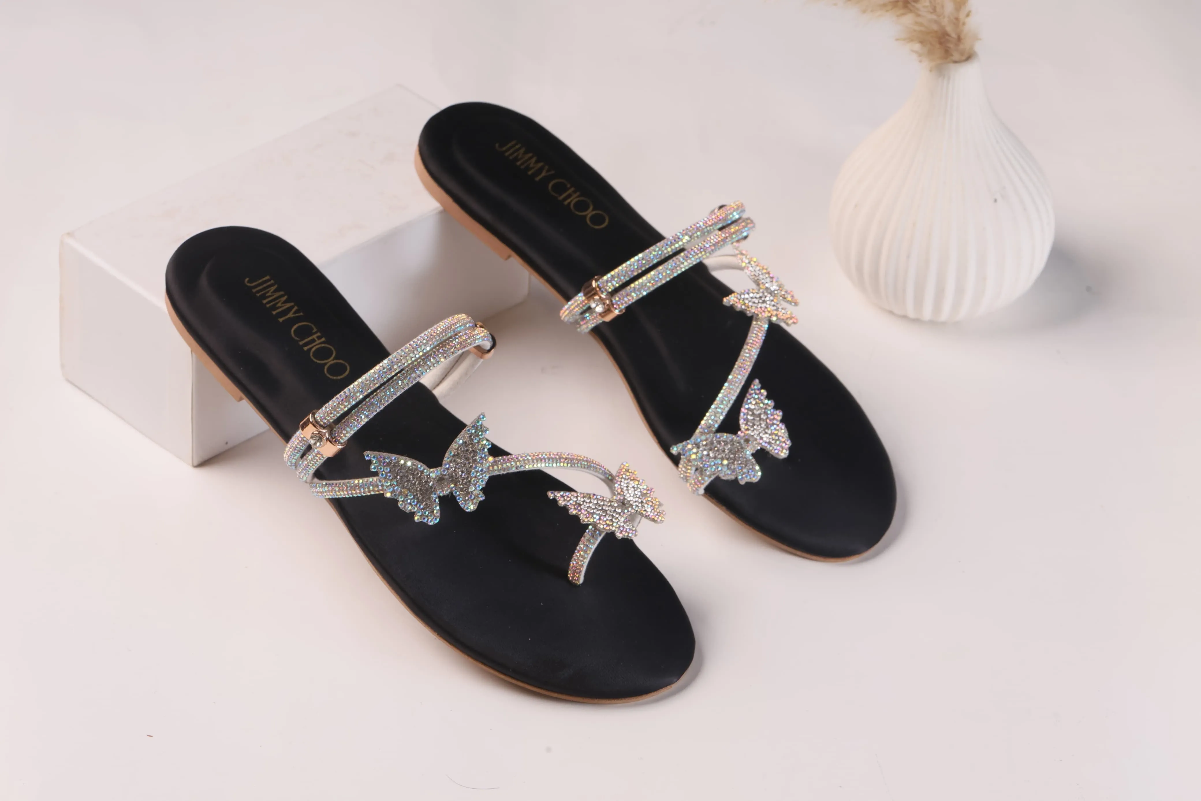 JIMMY CHOO MASH STRAP BUTTERFLY SLIPPERS - BLACK