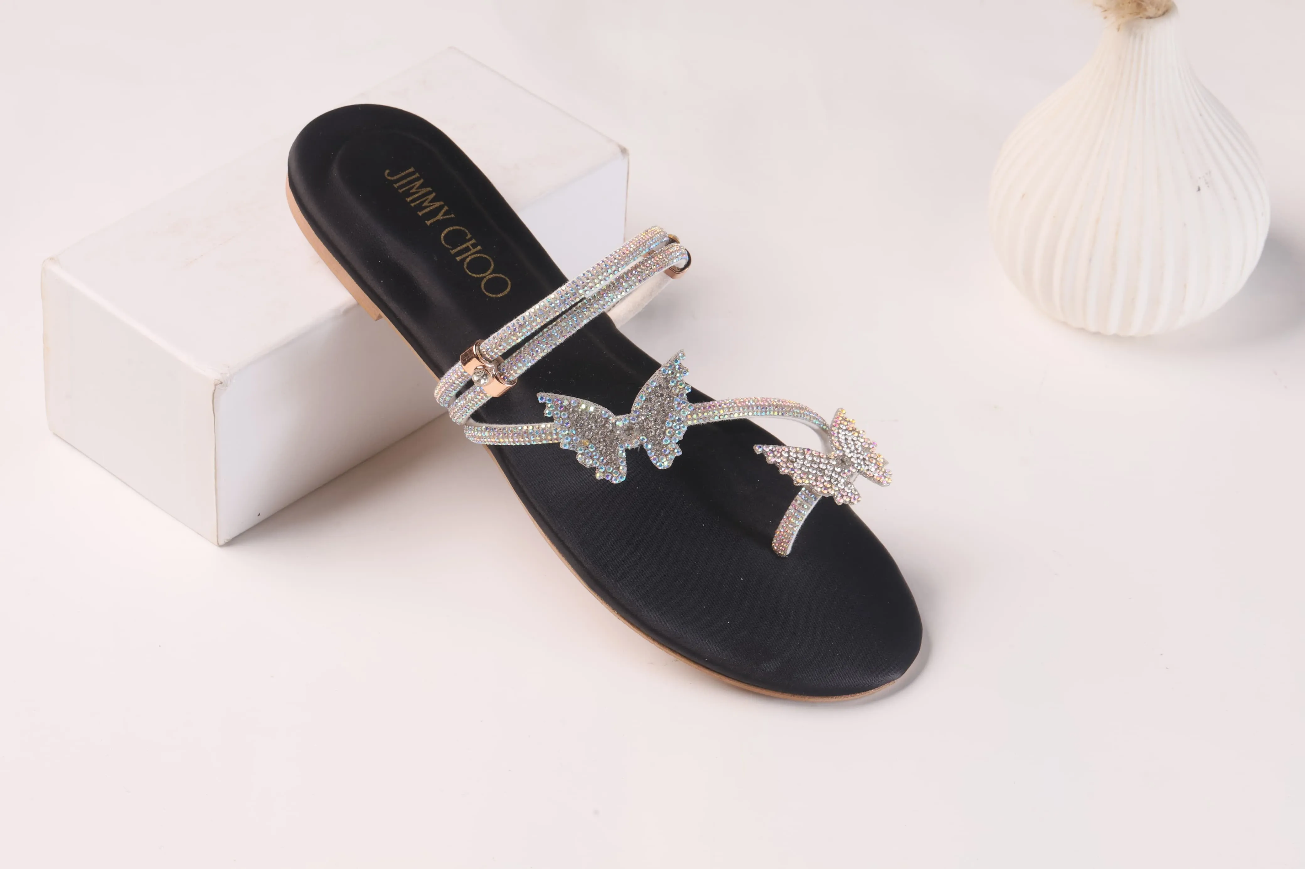 JIMMY CHOO MASH STRAP BUTTERFLY SLIPPERS - BLACK