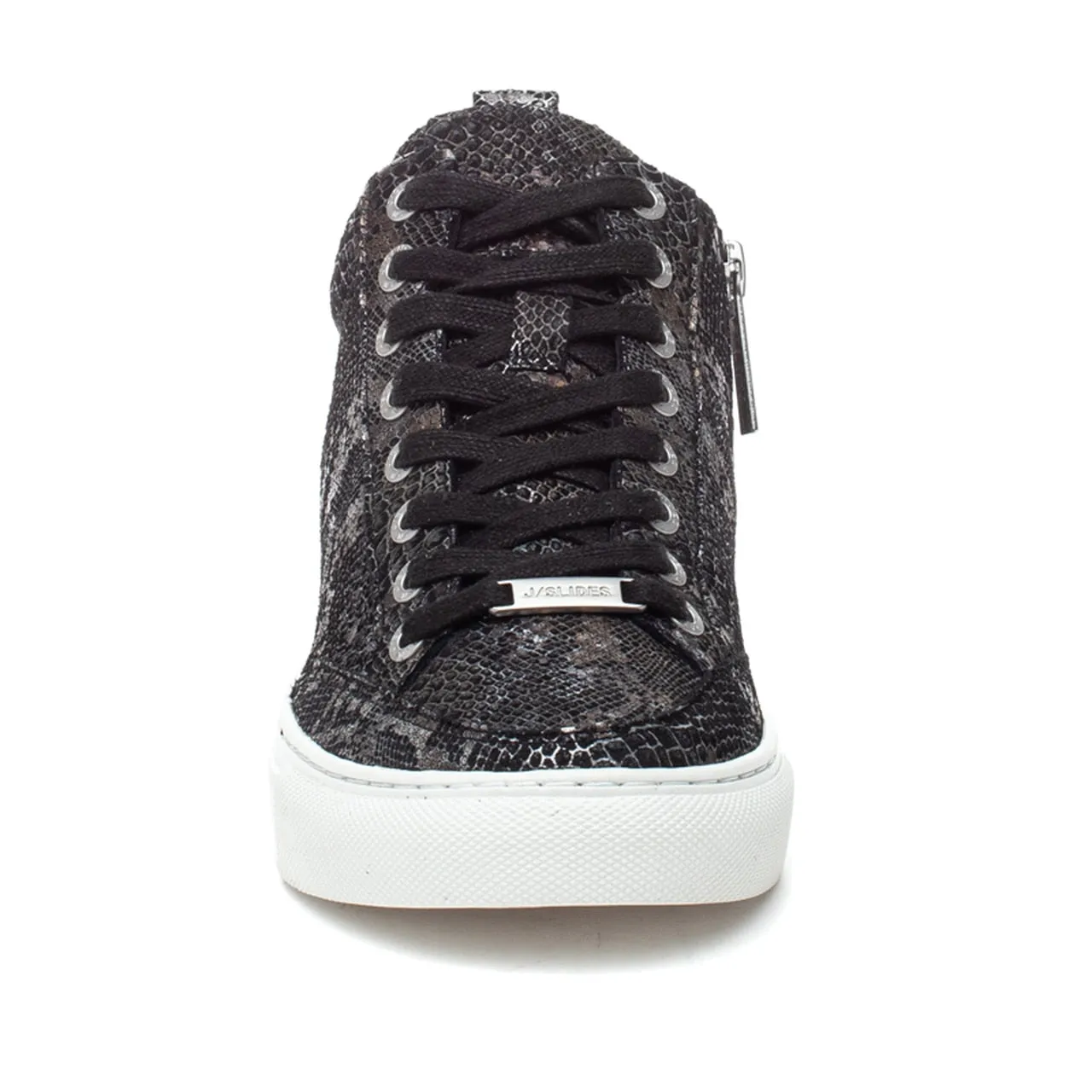 J/Slides Women's Ludlow Lace Up Rounded toe Sneaker Black Metallic Mult Embossed
