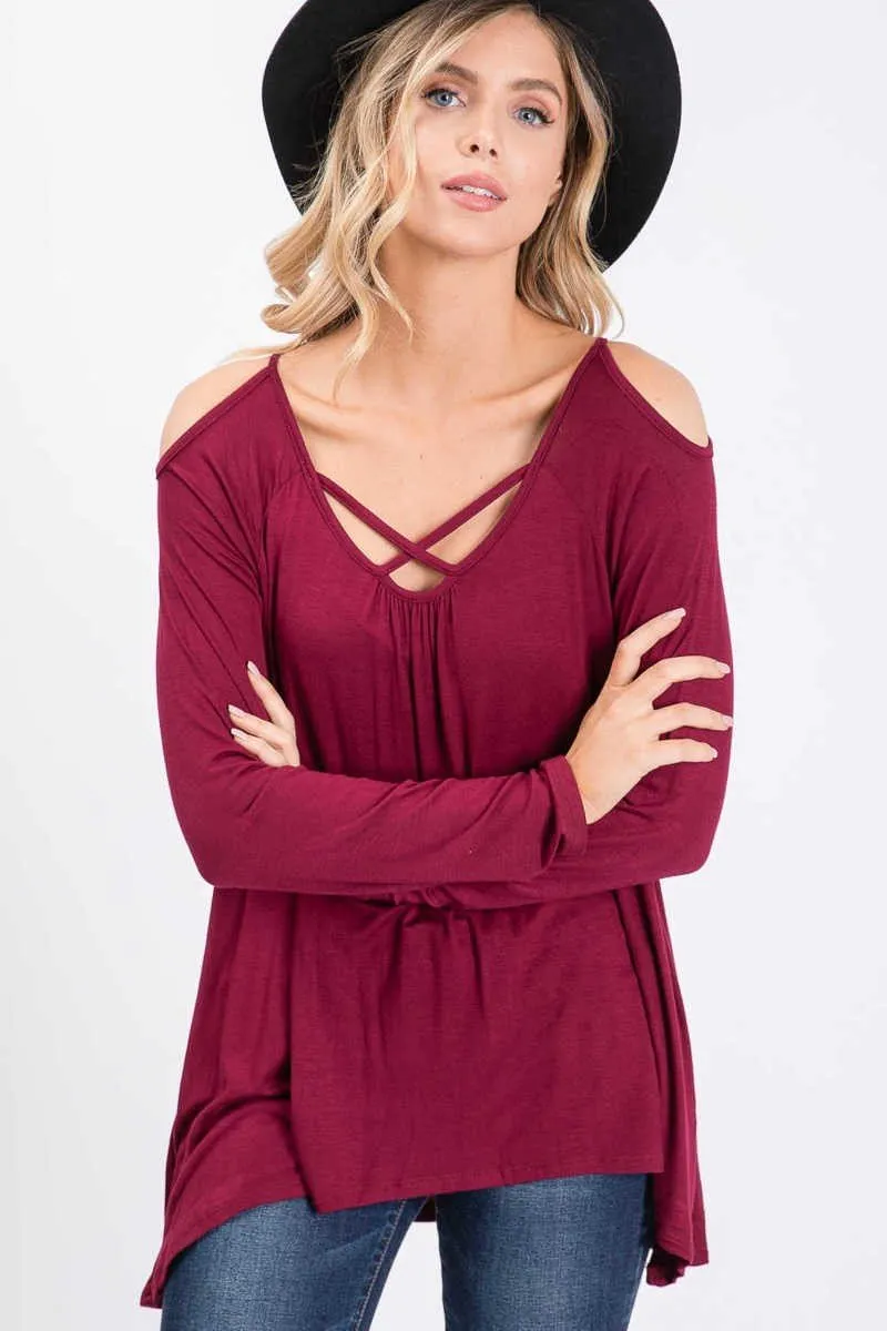 Knit top featuring an open-shoulder design and round neckline - Burgundy Or Black