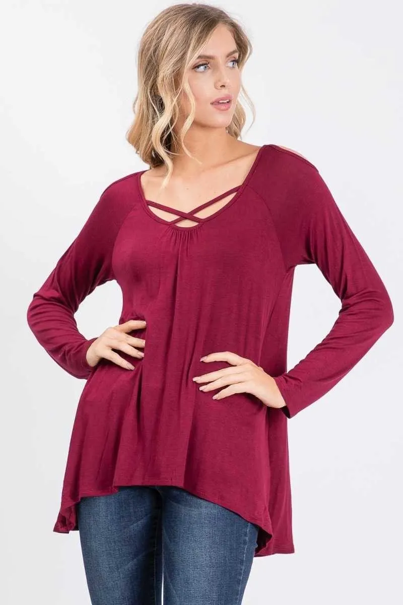 Knit top featuring an open-shoulder design and round neckline - Burgundy Or Black