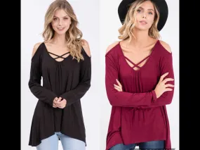 Knit top featuring an open-shoulder design and round neckline - Burgundy Or Black