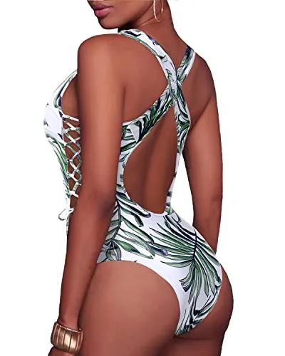 Lace Up Strappy Cutout Monokini One Piece Swimsuits-Green Leaf